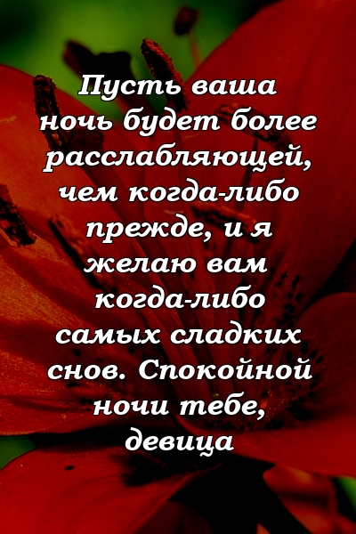 Пусть ваша ночь будет более расслабляющей, чем когда-либо прежде, и я желаю вам когда-либо самых сладких снов. Спокойной ночи тебе, девица