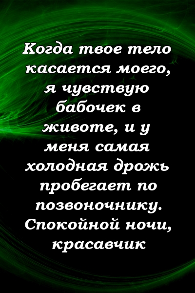 Когда твое тело касается моего, я чувствую бабочек в животе, и у меня самая холодная дрожь пробегает по позвоночнику. Спокойной ночи, красавчик