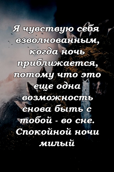 Я чувствую себя взволнованным, когда ночь приближается, потому что это еще одна возможность снова быть с тобой - во сне. Спокойной ночи милый