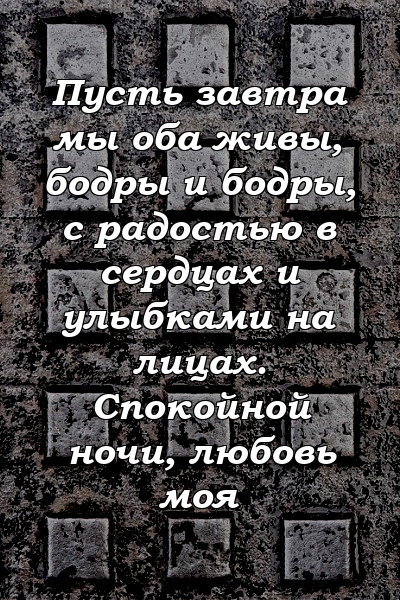 Пусть завтра мы оба живы, бодры и бодры, с радостью в сердцах и улыбками на лицах. Спокойной ночи, любовь моя