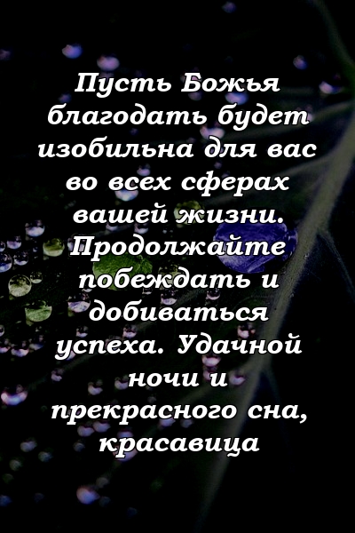 Пусть Божья благодать будет изобильна для вас во всех сферах вашей жизни. Продолжайте побеждать и добиваться успеха. Удачной ночи и прекрасного сна, красавица