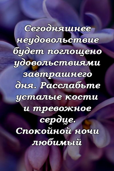 Сегодняшнее неудовольствие будет поглощено удовольствиями завтрашнего дня. Расслабьте усталые кости и тревожное сердце. Спокойной ночи любимый