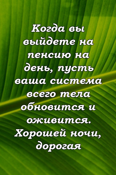 Когда вы выйдете на пенсию на день, пусть ваша система всего тела обновится и оживится. Хорошей ночи, дорогая