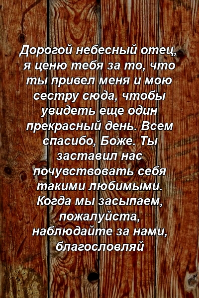 Дорогой небесный отец, я ценю тебя за то, что ты привел меня и мою сестру сюда, чтобы увидеть еще один прекрасный день. Всем спасибо, Боже. Ты заставил нас почувствовать себя такими любимыми. Когда мы засыпаем, пожалуйста, наблюдайте за нами, благословляй