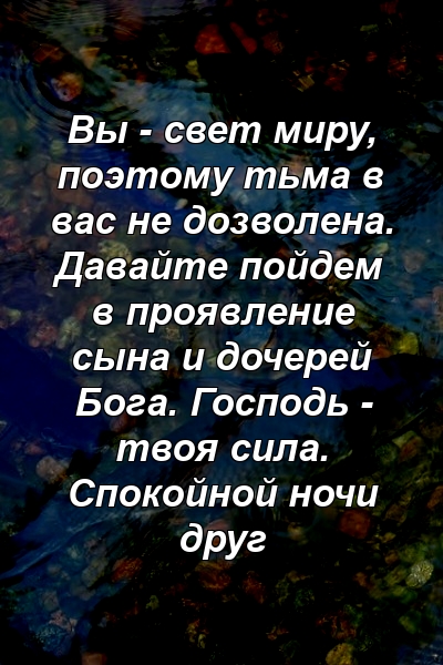 Вы - свет миру, поэтому тьма в вас не дозволена. Давайте пойдем в проявление сына и дочерей Бога. Господь - твоя сила. Спокойной ночи друг