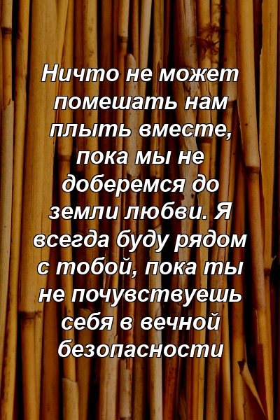 Ничто не может помешать нам плыть вместе, пока мы не доберемся до земли любви. Я всегда буду рядом с тобой, пока ты не почувствуешь себя в вечной безопасности