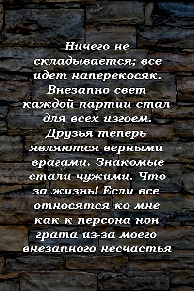 Ничего не складывается; все идет наперекосяк. Внезапно свет каждой партии стал для всех изгоем. Друзья теперь являются верными врагами. Знакомые стали чужими. Что за жизнь! Если все относятся ко мне как к персона нон грата из-за моего внезапного несчастья