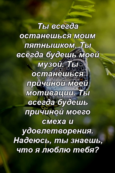 Ты всегда останешься моим пятнышком. Ты всегда будешь моей музой. Ты останешься причиной моей мотивации. Ты всегда будешь причиной моего смеха и удовлетворения. Надеюсь, ты знаешь, что я люблю тебя?