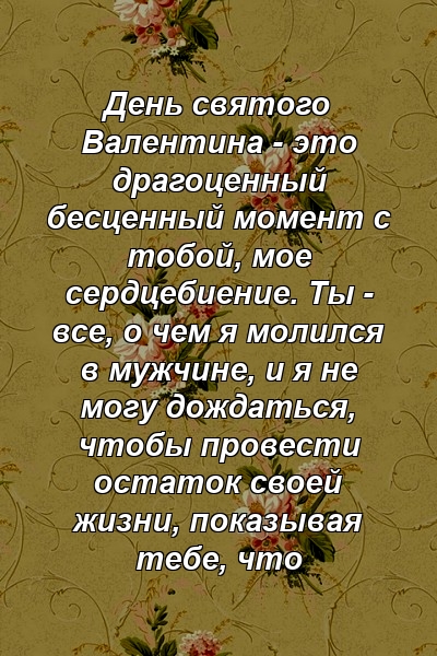 День святого Валентина - это драгоценный бесценный момент с тобой, мое сердцебиение. Ты - все, о чем я молился в мужчине, и я не могу дождаться, чтобы провести остаток своей жизни, показывая тебе, что