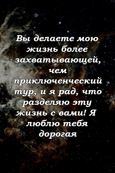 Вы делаете мою жизнь более захватывающей, чем приключенческий тур, и я рад, что разделяю эту жизнь с вами! Я люблю тебя дорогая