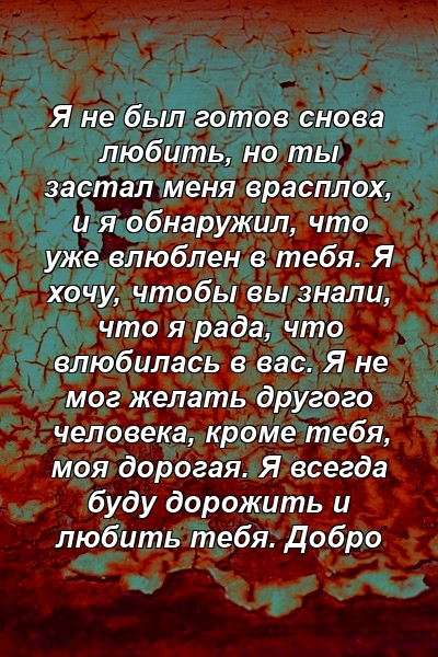 Я не был готов снова любить, но ты застал меня врасплох, и я обнаружил, что уже влюблен в тебя. Я хочу, чтобы вы знали, что я рада, что влюбилась в вас. Я не мог желать другого человека, кроме тебя, моя дорогая. Я всегда буду дорожить и любить тебя. Добро