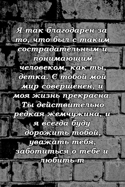 Я так благодарен за то, что был с таким сострадательным и понимающим человеком, как ты, детка. С тобой мой мир совершенен, и моя жизнь прекрасна. Ты действительно редкая жемчужина, и я всегда буду дорожить тобой, уважать тебя, заботиться о тебе и любить т