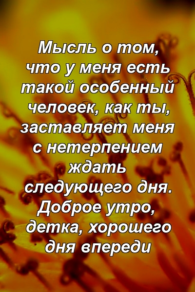 Мысль о том, что у меня есть такой особенный человек, как ты, заставляет меня с нетерпением ждать следующего дня. Доброе утро, детка, хорошего дня впереди