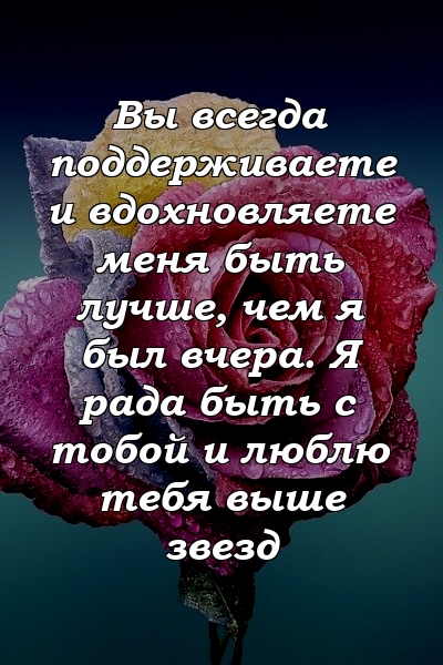 Вы всегда поддерживаете и вдохновляете меня быть лучше, чем я был вчера. Я рада быть с тобой и люблю тебя выше звезд