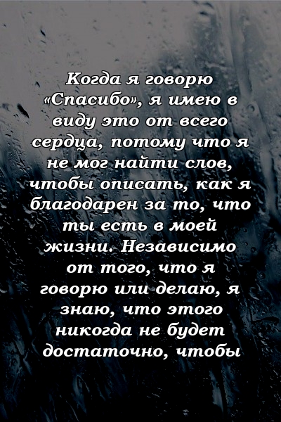 Когда я говорю «Спасибо», я имею в виду это от всего сердца, потому что я не мог найти слов, чтобы описать, как я благодарен за то, что ты есть в моей жизни. Независимо от того, что я говорю или делаю, я знаю, что этого никогда не будет достаточно, чтобы 