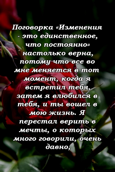 Поговорка «Изменения - это единственное, что постоянно» настолько верна, потому что все во мне меняется в тот момент, когда я встретил тебя, затем я влюбился в тебя, и ты вошел в мою жизнь. Я перестал верить в мечты, о которых много говорили, очень давно,