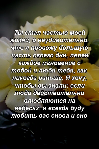 Ты стал частью моей жизни, и неудивительно, что я провожу большую часть своего дня, лелея каждое мгновение с тобой и любя тебя, как никогда раньше. Я хочу, чтобы вы знали: если люди действительно влюбляются на небесах, я всегда буду любить вас снова и сно