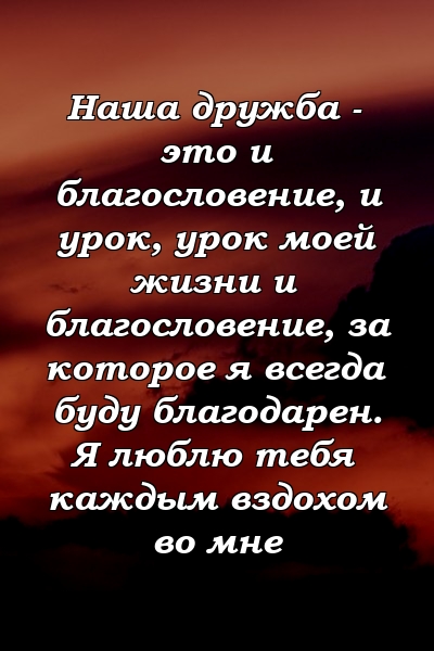 Наша дружба - это и благословение, и урок, урок моей жизни и благословение, за которое я всегда буду благодарен. Я люблю тебя каждым вздохом во мне