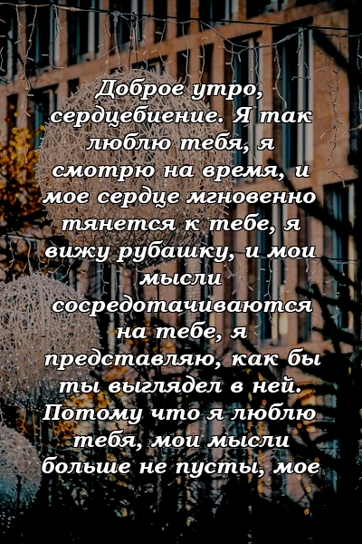 Доброе утро, сердцебиение. Я так люблю тебя, я смотрю на время, и мое сердце мгновенно тянется к тебе, я вижу рубашку, и мои мысли сосредотачиваются на тебе, я представляю, как бы ты выглядел в ней. Потому что я люблю тебя, мои мысли больше не пусты, мое 