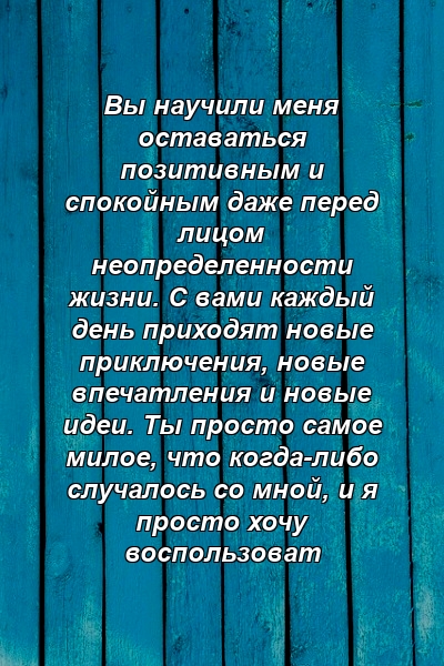 Вы научили меня оставаться позитивным и спокойным даже перед лицом неопределенности жизни. С вами каждый день приходят новые приключения, новые впечатления и новые идеи. Ты просто самое милое, что когда-либо случалось со мной, и я просто хочу воспользоват