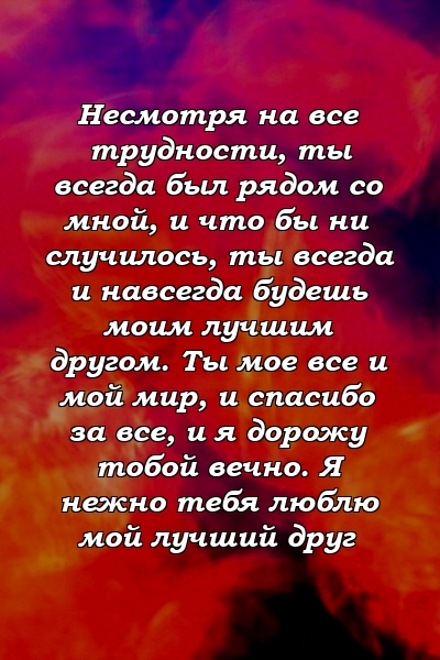 Несмотря на все трудности, ты всегда был рядом со мной, и что бы ни случилось, ты всегда и навсегда будешь моим лучшим другом. Ты мое все и мой мир, и спасибо за все, и я дорожу тобой вечно. Я нежно тебя люблю мой лучший друг