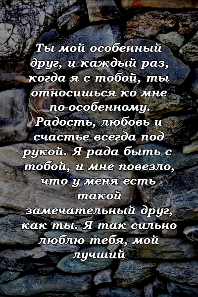 Ты мой особенный друг, и каждый раз, когда я с тобой, ты относишься ко мне по-особенному. Радость, любовь и счастье всегда под рукой. Я рада быть с тобой, и мне повезло, что у меня есть такой замечательный друг, как ты. Я так сильно люблю тебя, мой лучший