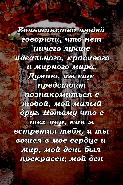 Большинство людей говорили, что нет ничего лучше идеального, красивого и мирного мира. Думаю, им еще предстоит познакомиться с тобой, мой милый друг. Потому что с тех пор, как я встретил тебя, и ты вошел в мое сердце и мир, мой день был прекрасен; мой ден