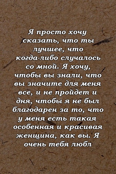 Я просто хочу сказать, что ты лучшее, что когда-либо случалось со мной. Я хочу, чтобы вы знали, что вы значите для меня все, и не пройдет и дня, чтобы я не был благодарен за то, что у меня есть такая особенная и красивая женщина, как вы. Я очень тебя любл