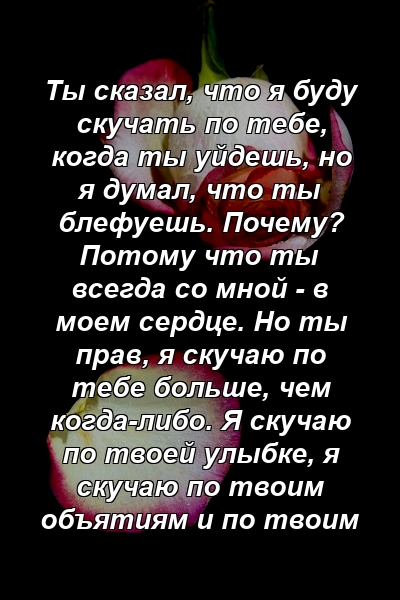 Ты сказал, что я буду скучать по тебе, когда ты уйдешь, но я думал, что ты блефуешь. Почему? Потому что ты всегда со мной - в моем сердце. Но ты прав, я скучаю по тебе больше, чем когда-либо. Я скучаю по твоей улыбке, я скучаю по твоим объятиям и по твоим