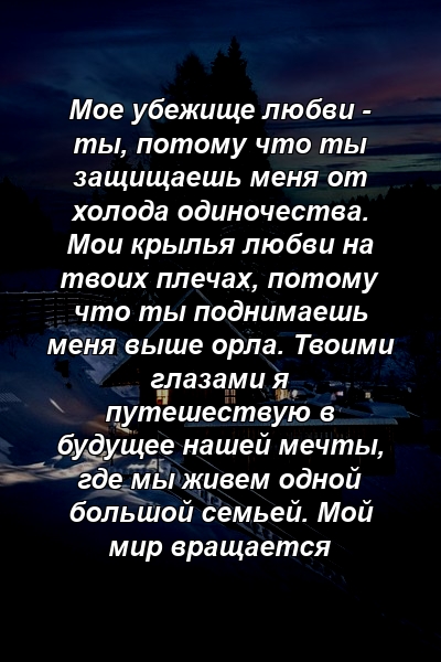 Мое убежище любви - ты, потому что ты защищаешь меня от холода одиночества. Мои крылья любви на твоих плечах, потому что ты поднимаешь меня выше орла. Твоими глазами я путешествую в будущее нашей мечты, где мы живем одной большой семьей. Мой мир вращается