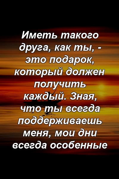 Иметь такого друга, как ты, - это подарок, который должен получить каждый. Зная, что ты всегда поддерживаешь меня, мои дни всегда особенные