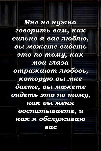 Мне не нужно говорить вам, как сильно я вас люблю, вы можете видеть это по тому, как мои глаза отражают любовь, которую вы мне даете, вы можете видеть это по тому, как вы меня воспитываете, и как я обслуживаю вас