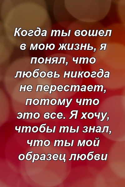 Когда ты вошел в мою жизнь, я понял, что любовь никогда не перестает, потому что это все. Я хочу, чтобы ты знал, что ты мой образец любви