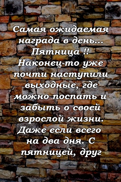 Самая ожидаемая награда в день… Пятница !! Наконец-то уже почти наступили выходные, где можно поспать и забыть о своей взрослой жизни. Даже если всего на два дня. С пятницей, друг