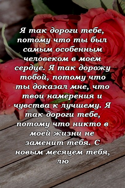 Я так дороги тебе, потому что ты был самым особенным человеком в моем сердце. Я так дорожу тобой, потому что ты доказал мне, что твои намерения и чувства к лучшему. Я так дороги тебе, потому что никто в моей жизни не заменит тебя. С новым месяцем тебя, лю