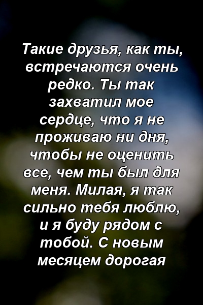 Такие друзья, как ты, встречаются очень редко. Ты так захватил мое сердце, что я не проживаю ни дня, чтобы не оценить все, чем ты был для меня. Милая, я так сильно тебя люблю, и я буду рядом с тобой. С новым месяцем дорогая