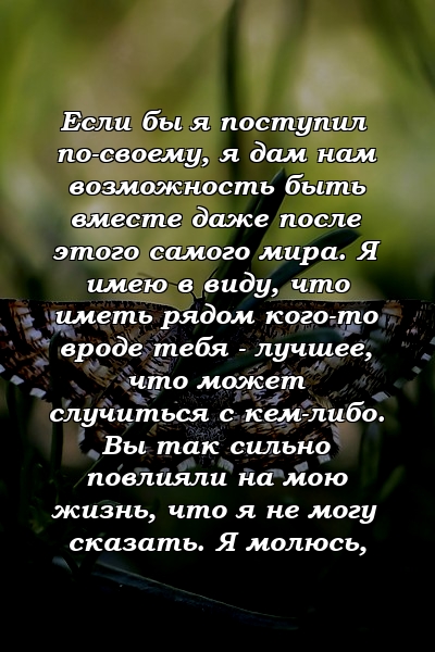 Если бы я поступил по-своему, я дам нам возможность быть вместе даже после этого самого мира. Я имею в виду, что иметь рядом кого-то вроде тебя - лучшее, что может случиться с кем-либо. Вы так сильно повлияли на мою жизнь, что я не могу сказать. Я молюсь,