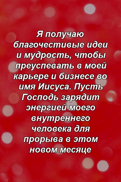 Я получаю благочестивые идеи и мудрость, чтобы преуспевать в моей карьере и бизнесе во имя Иисуса. Пусть Господь зарядит энергией моего внутреннего человека для прорыва в этом новом месяце