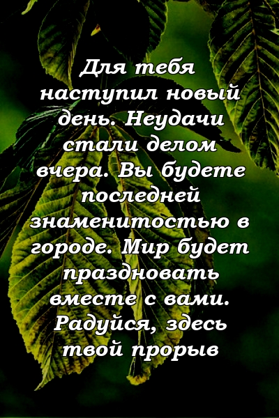 Для тебя наступил новый день. Неудачи стали делом вчера. Вы будете последней знаменитостью в городе. Мир будет праздновать вместе с вами. Радуйся, здесь твой прорыв