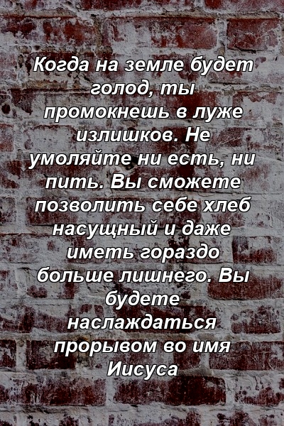 Когда на земле будет голод, ты промокнешь в луже излишков. Не умоляйте ни есть, ни пить. Вы сможете позволить себе хлеб насущный и даже иметь гораздо больше лишнего. Вы будете наслаждаться прорывом во имя Иисуса