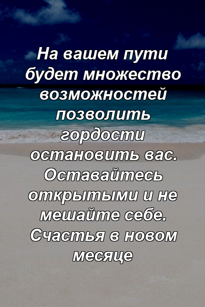 На вашем пути будет множество возможностей позволить гордости остановить вас. Оставайтесь открытыми и не мешайте себе. Счастья в новом месяце