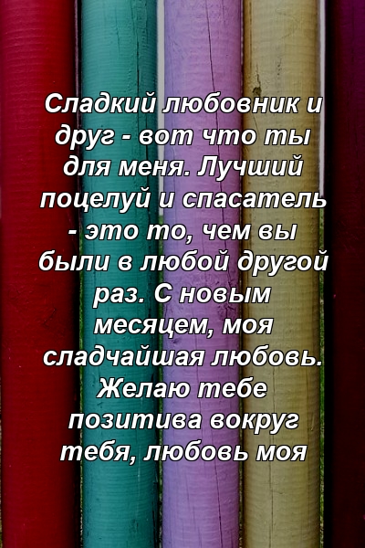 Сладкий любовник и друг - вот что ты для меня. Лучший поцелуй и спасатель - это то, чем вы были в любой другой раз. С новым месяцем, моя сладчайшая любовь. Желаю тебе позитива вокруг тебя, любовь моя