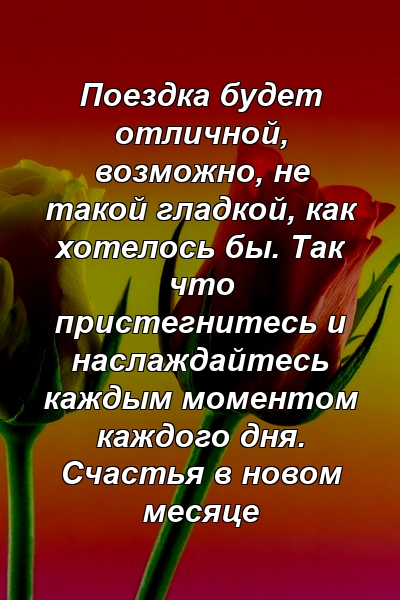 Поездка будет отличной, возможно, не такой гладкой, как хотелось бы. Так что пристегнитесь и наслаждайтесь каждым моментом каждого дня. Счастья в новом месяце