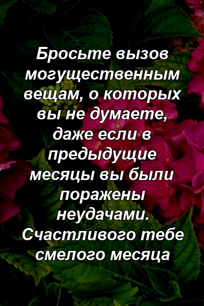 Бросьте вызов могущественным вещам, о которых вы не думаете, даже если в предыдущие месяцы вы были поражены неудачами. Счастливого тебе смелого месяца