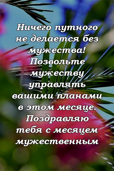 Ничего путного не делается без мужества! Позвольте мужеству управлять вашими планами в этом месяце. Поздравляю тебя с месяцем мужественным