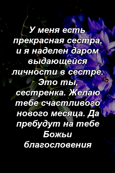 У меня есть прекрасная сестра, и я наделен даром выдающейся личности в сестре. Это ты, сестренка. Желаю тебе счастливого нового месяца. Да пребудут на тебе Божьи благословения