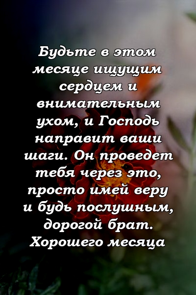 Будьте в этом месяце ищущим сердцем и внимательным ухом, и Господь направит ваши шаги. Он проведет тебя через это, просто имей веру и будь послушным, дорогой брат. Хорошего месяца