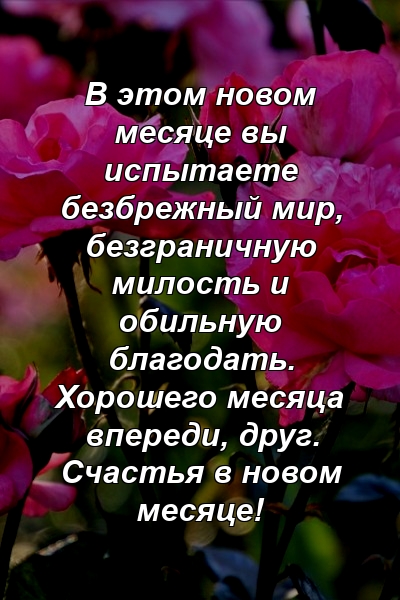 В этом новом месяце вы испытаете безбрежный мир, безграничную милость и обильную благодать. Хорошего месяца впереди, друг. Счастья в новом месяце!