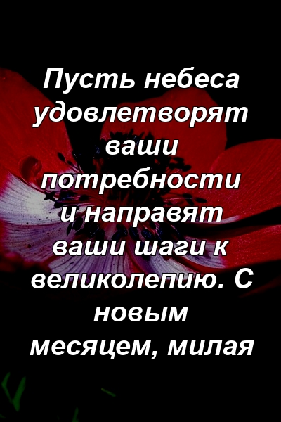 Пусть небеса удовлетворят ваши потребности и направят ваши шаги к великолепию. С новым месяцем, милая