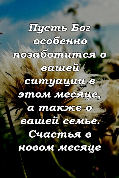 Пусть Бог особенно позаботится о вашей ситуации в этом месяце, а также о вашей семье. Счастья в новом месяце